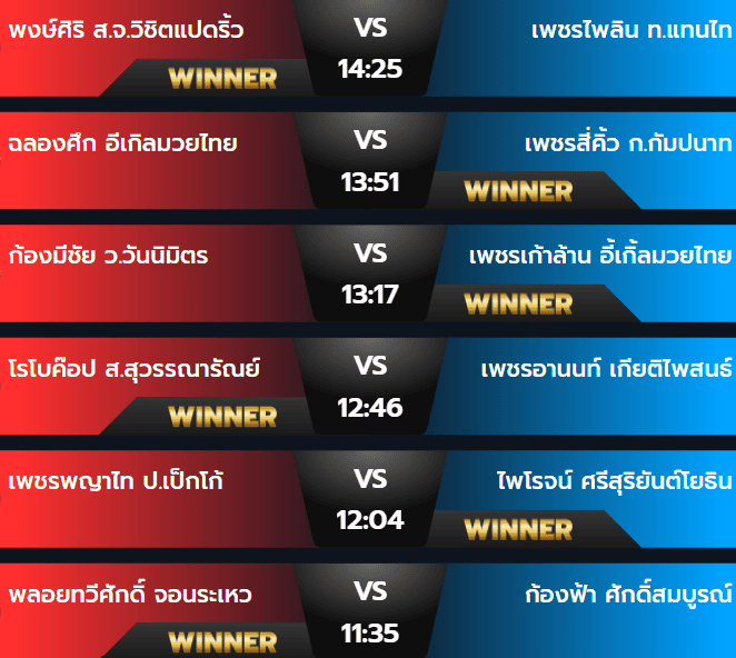 ผลมวยวันอาทิตย์ 25 สิงหาคม 2567